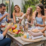A group of people enjoying a mobile cocktail class outdoors with a mixologist demonstrating, alongside a nearby pamper station with skincare products and candles.