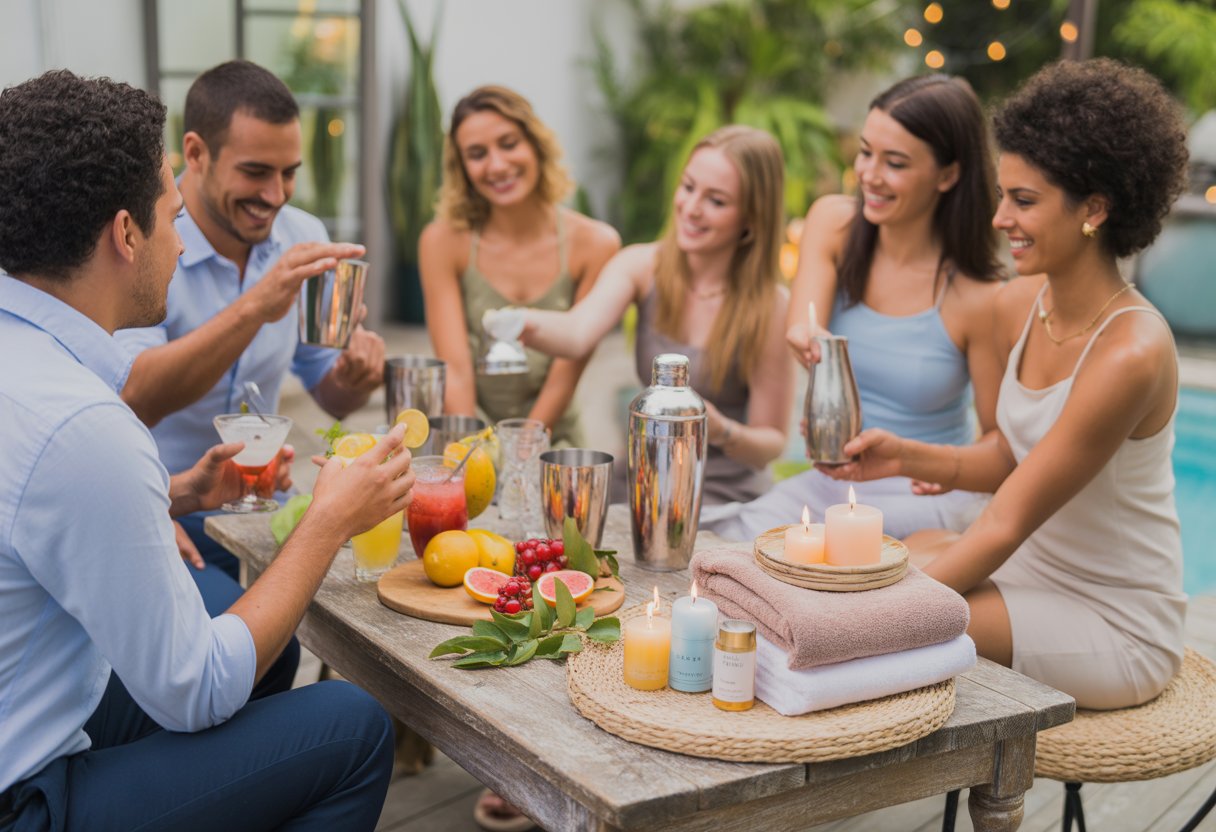 A group of people enjoying a mobile cocktail class outdoors with a mixologist demonstrating, alongside a nearby pamper station with skincare products and candles.